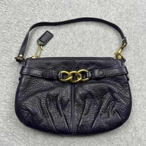 Coach Madison Hand Bag 8" Black Pebbled Leather Gold Chain Pleated Purse Bag